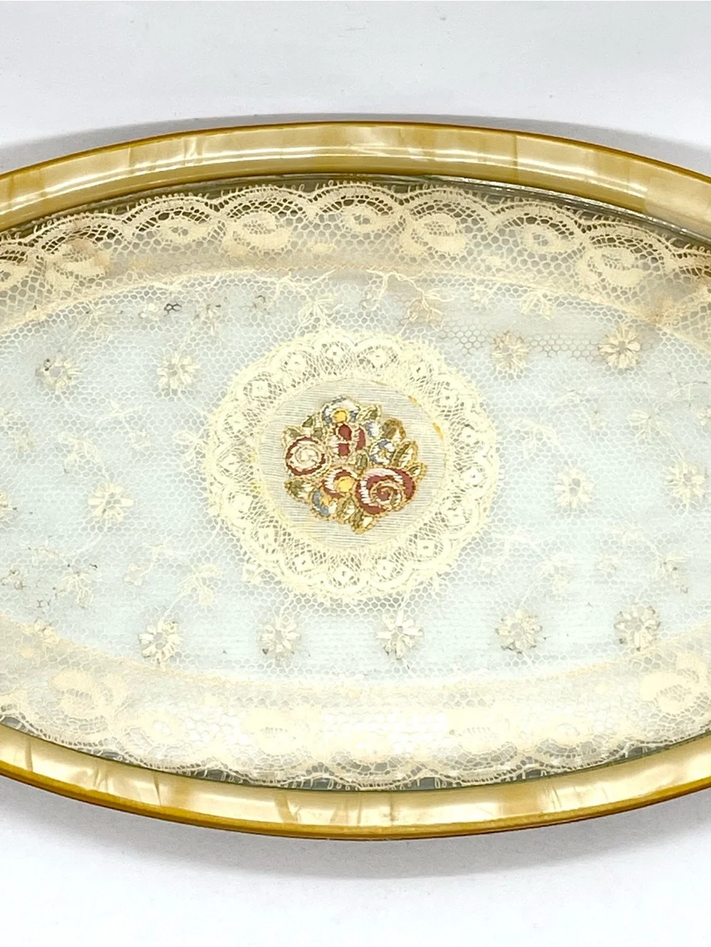 Vintage Lucite Vanity Tray with Lace & Embroidered Roses Butterscotch Oval